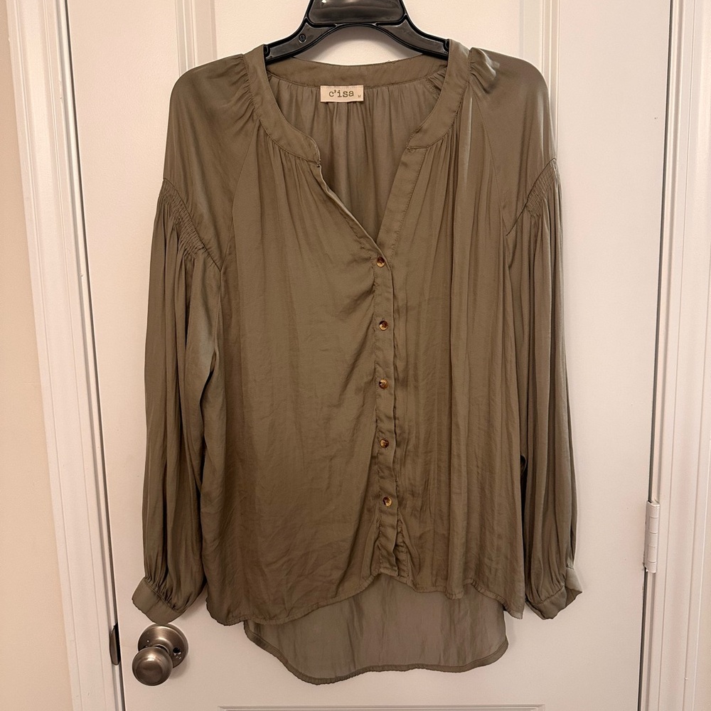 Green Long Sleeve Buttoned Blouse with Mandarin Collar